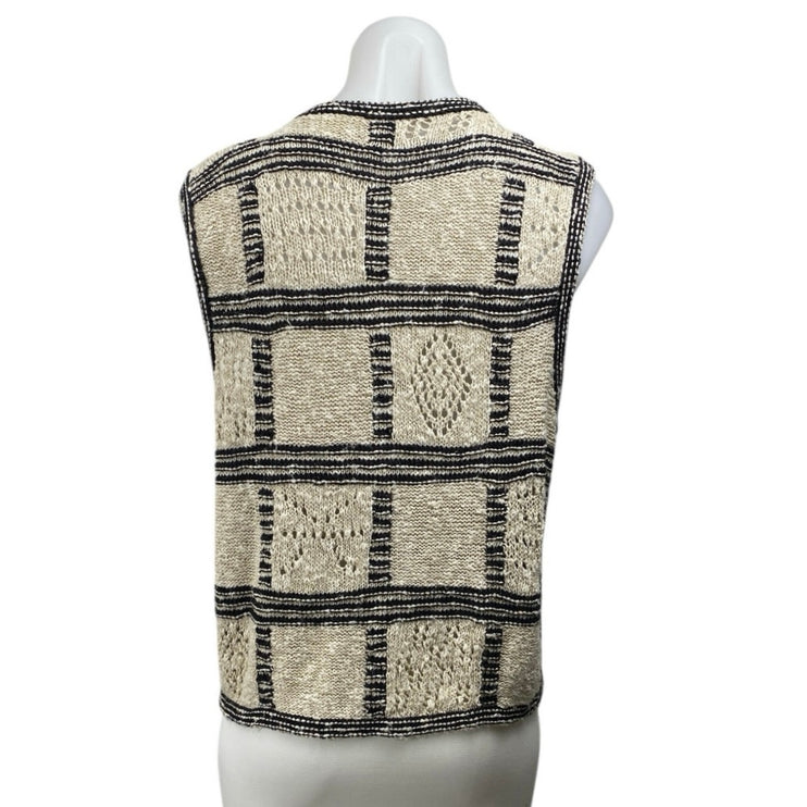 Liz Claiborne Liz & Co Beige Black Linen Windowpane Sleeveless Cardigan Vest MP