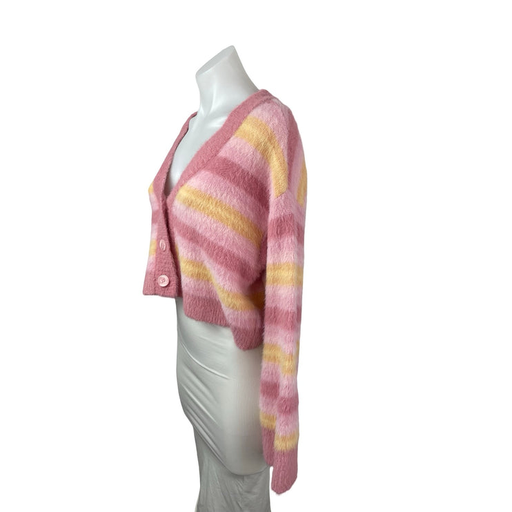 L Space Pink Yellow Striped Long Sleeve Cropped Button Up Cardigan Sweater XS