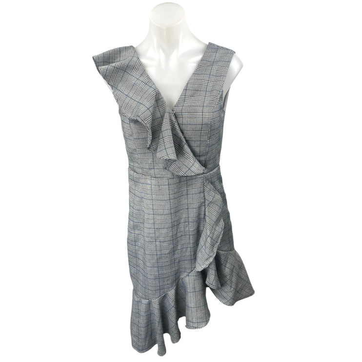 Aqua Gray Plaid Tartan Sleeveless Ruffle Asymmetric V Neck Mini Sheath Dress S