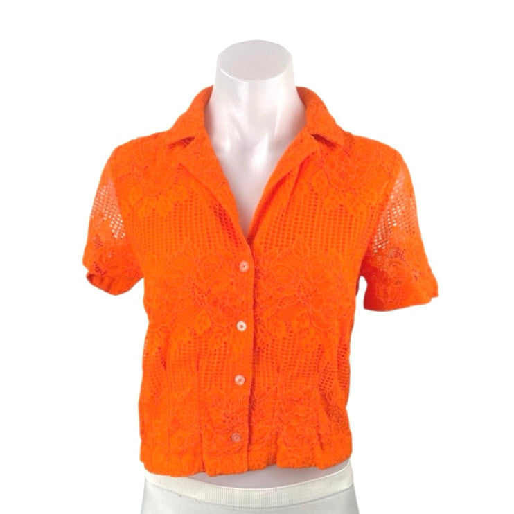 Anthropologie Maeve Coral Floral Lace Short Sleeve Button Down Shirt Crop Top XS