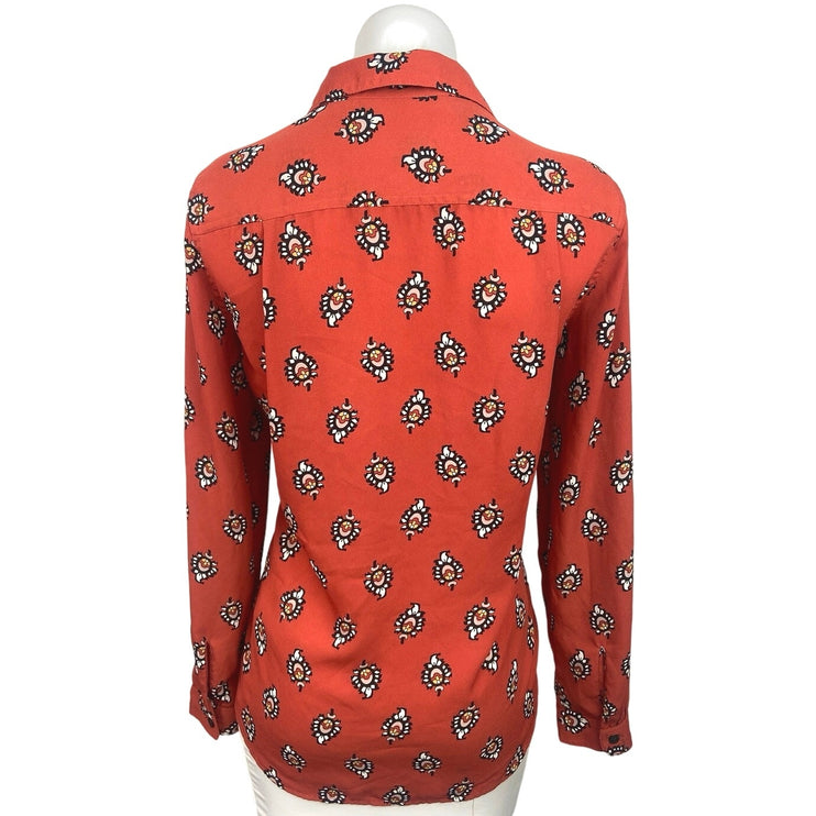 Ann Taylor LOFT Orange Printed Pocket Button Front Long Sleeve Shirt Top Size S