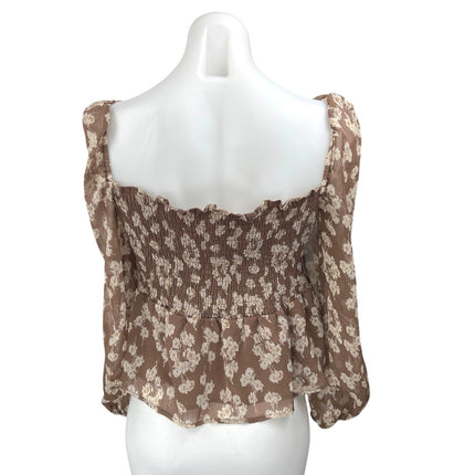 Grade & Gather Brown Floral Long Sleeve Smocked Babydoll Peplum Blouse Top Sz M