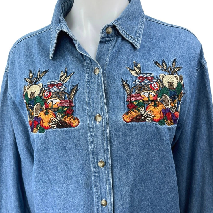 Bobbie Brooks Women’s Blue Teddy Pumpkin Embroidered Button Up Denim Shirt Top L