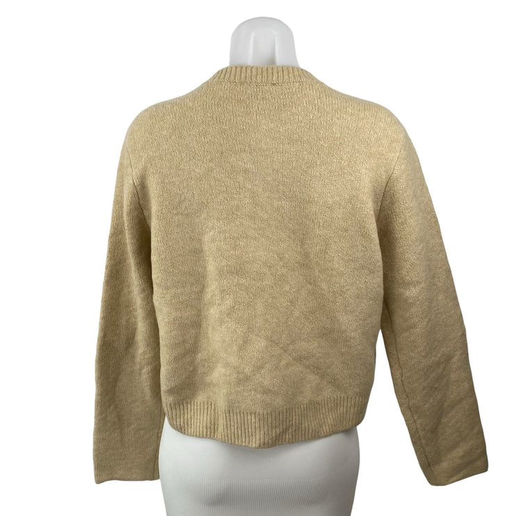Cece Women's Tan Beige Knit Pocket Crewneck Button Down Cardigan Sweater Top XS