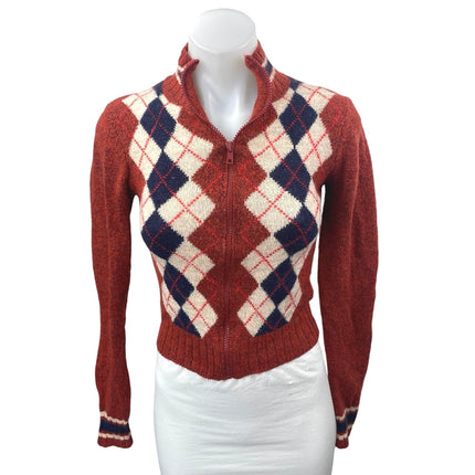 Urban Outfitters Red Wool Argyle Plaid Zip-Up High Neck Long Sleeve Sweater Sz M