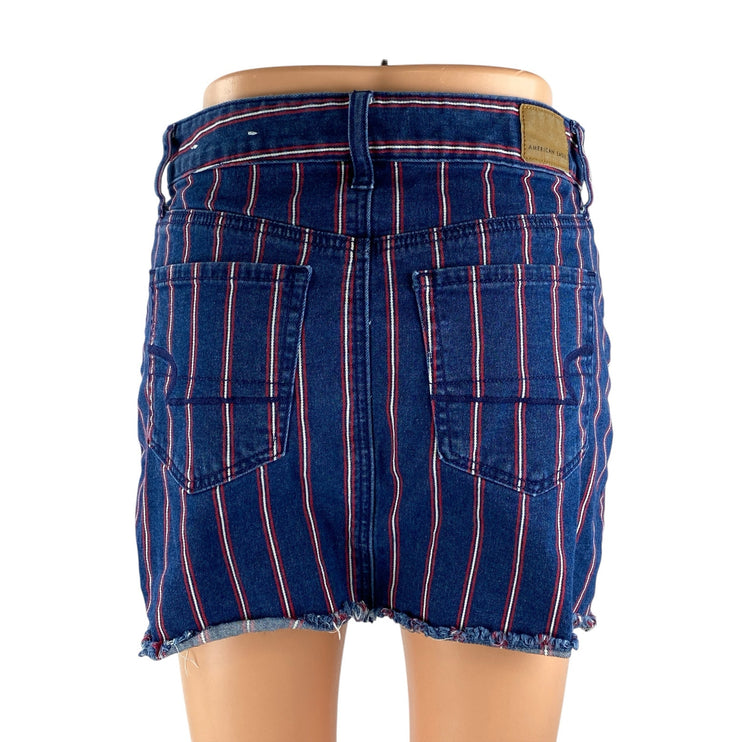 American Eagle Super Stretch Blue Striped Frayed Mini Denim Jean Shorts Size 2