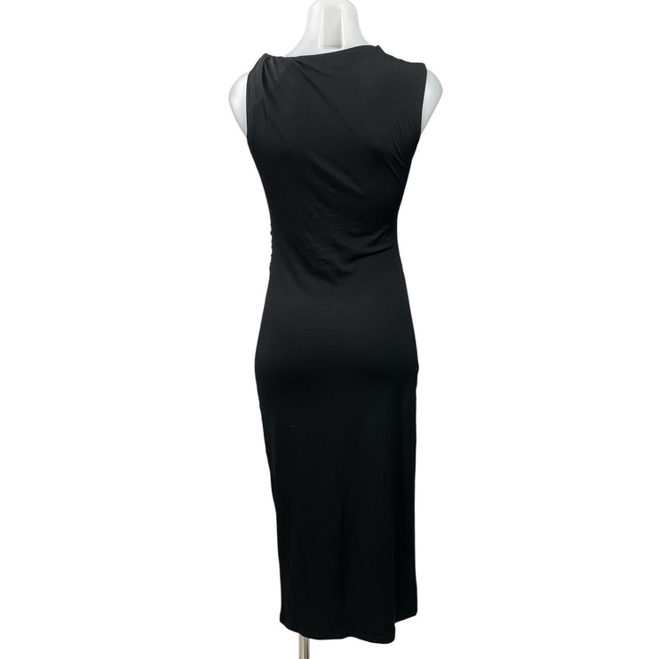 H&M Womens Black Sleeveless Gathered Ruched Asymmetric Neck Bodycon Midi Dress S