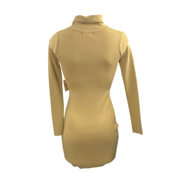 NEW Superdown Tasha Toast Beige Rib Knit Cutout Turtleneck Mini Bodycon Dress S