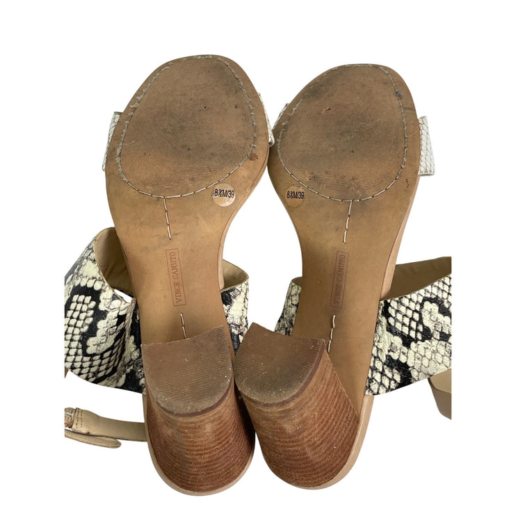 Vince Camuto Warma Snakeskin Print Band Open Toe T Strap Block Heels Sandals 8.5