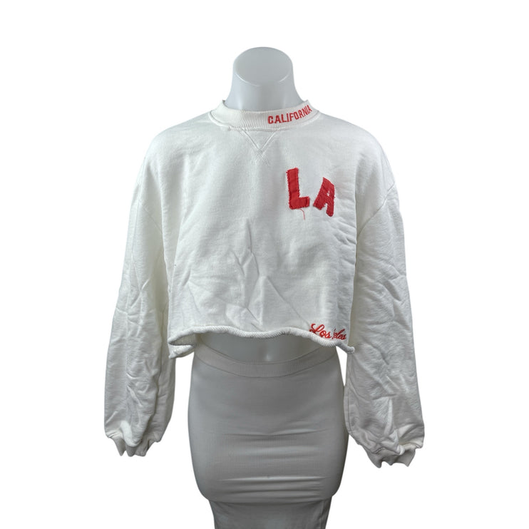 Zara LA Women's Embroidery Patchwork Plush Crop Varsity Sweater Sweatshirt Top S