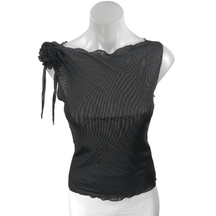 NEW Noisy May Black Mesh Sheer Rose Bow Sleeveless Cami Blouse Tank Top Size XS