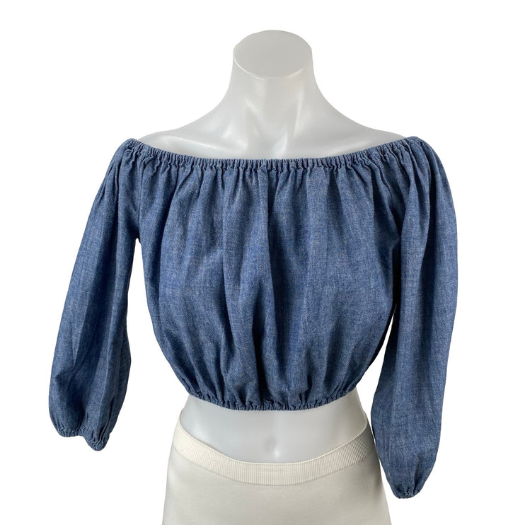 Theory Waleska Chambray Ruched Long Puff Sleeve Off Shoulder Crop Blouse Top S