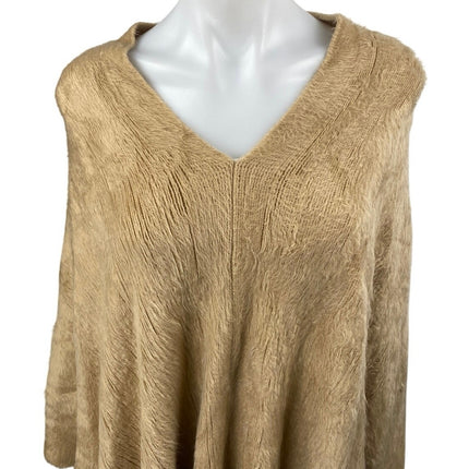 Molly Bracken Tan Faux Fur Fleece V Neck Poncho Shrug Sweater Top One Size