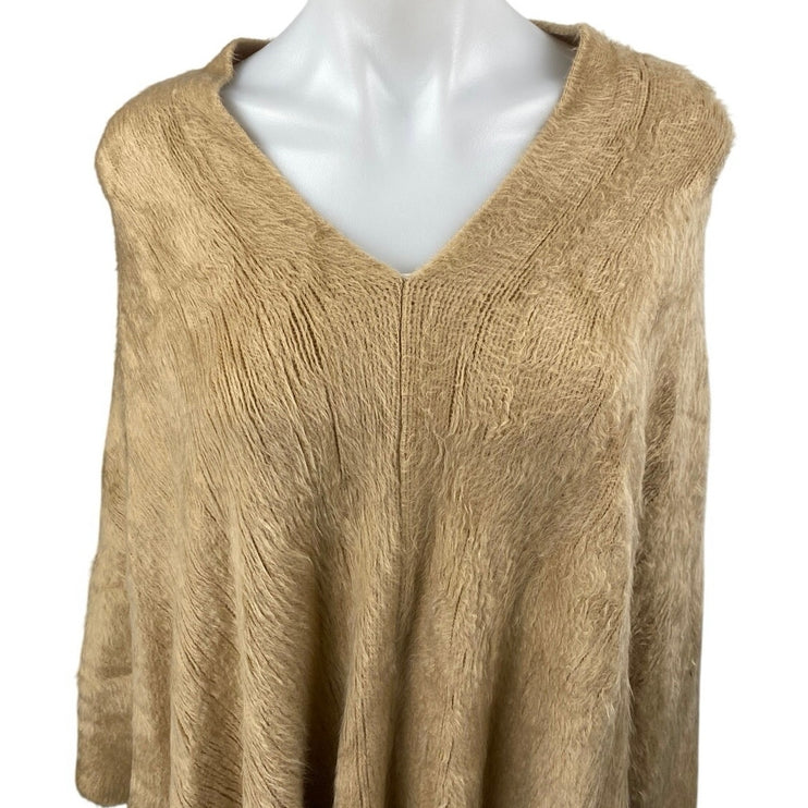 Molly Bracken Tan Faux Fur Fleece V Neck Poncho Shrug Sweater Top One Size