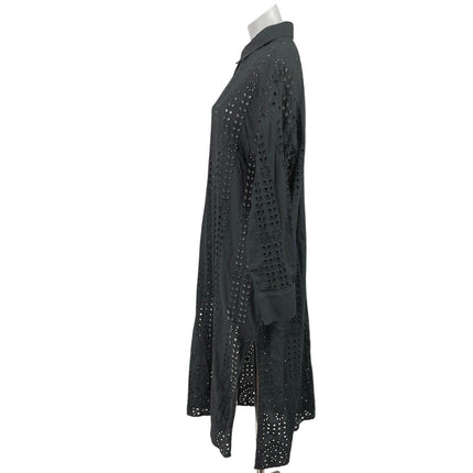 Zara Broderie Black Long Sleeve Eyelet Embroidered Collared Maxi Shirt Dress XL
