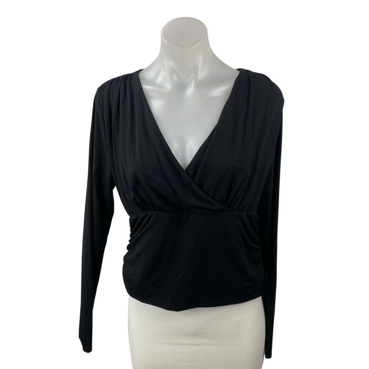 NEW Ann Taylor Women's Black Ruched Wrap Front V Neck Long Sleeve Blouse Top L