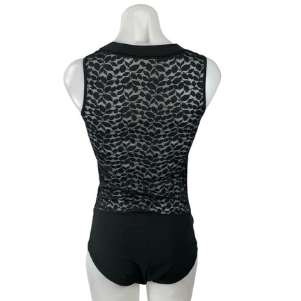 Women's Black Leaf Lace Mesh Sheer Sleeveless Collared Shirt Bodysuit Top Size 6
