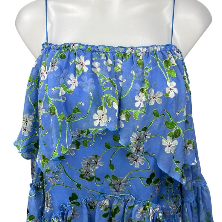 Alice + Olivia Tia Blue 100% Silk Floral Ruffle Cold Shoulder Blouse Top Size XS