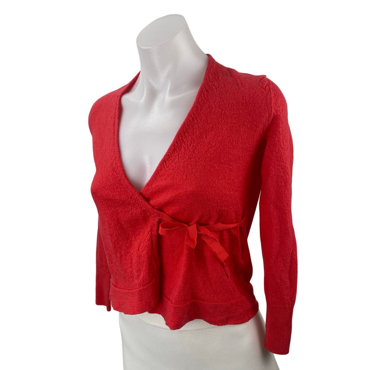 Banana Republic Red Long Sleeve Tie V Neck Cropped Wrap Blouse Top Size XS