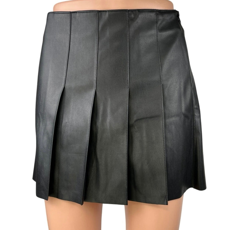 NEW MNG Black Faux Leather Vegan High Waist Pleated A Line Mini Skirt Size L