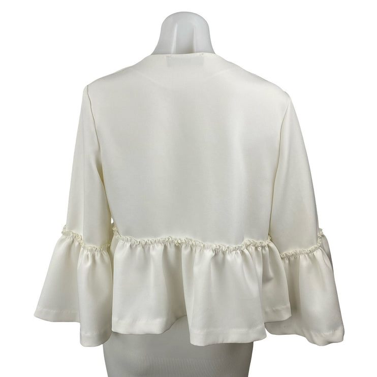 Akira Women's White Ruffle Bell Sleeve Round Neck Peplum Blazer Coat Jacket Sz M