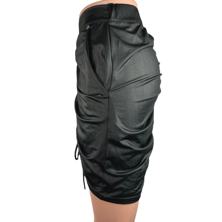 Maniere De Voir Black Coated Leather Ruched Drawstring Mini Pencil Skirt Size 8