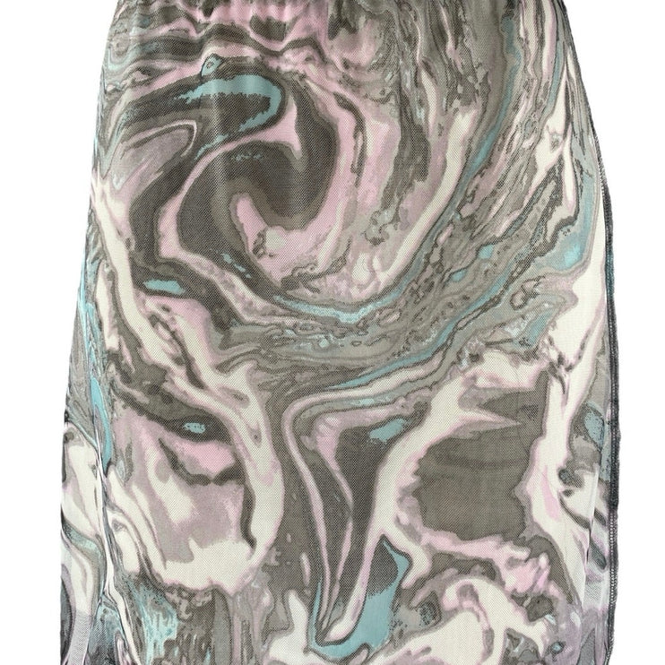 Persaya Gray Marble Print Elastic Waist Mesh Sheer Knee Length Pencil Skirt L