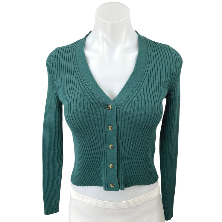 Gap Green Rib Knit Button Down V-Neck Long Sleeve Crop Cardigan Sweater Top S