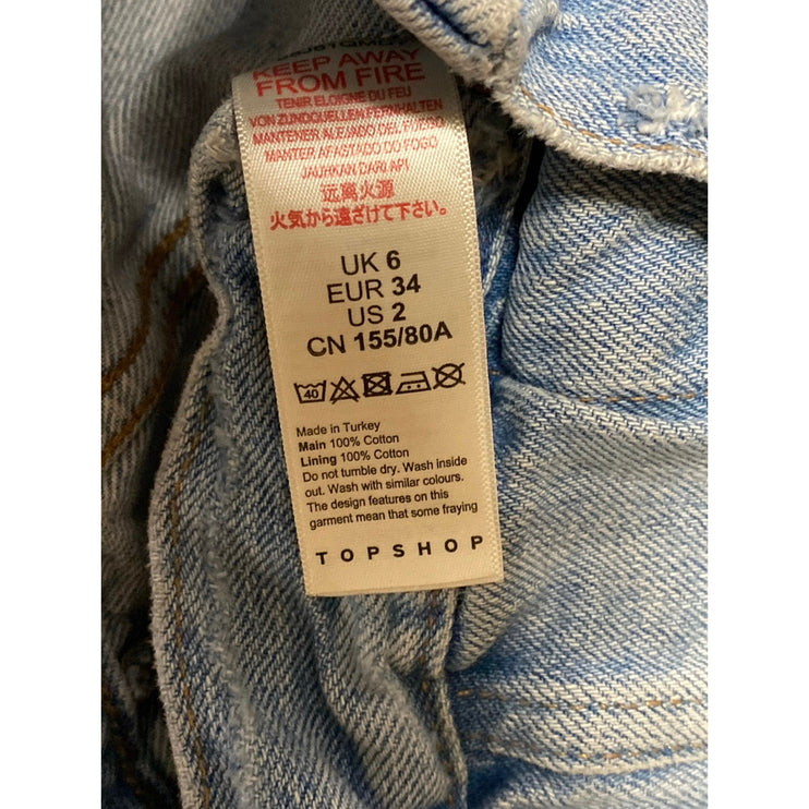 Topshop Women's Blue Distressed Long Sleeve Button Down Denim Jean Jacket Size 2