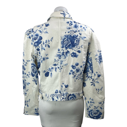 NEW Anthropologie Maeve White Blue Floral Long Sleeve Denim Jean Jacket Size M