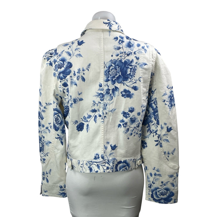 NEW Anthropologie Maeve White Blue Floral Long Sleeve Denim Jean Jacket Size M