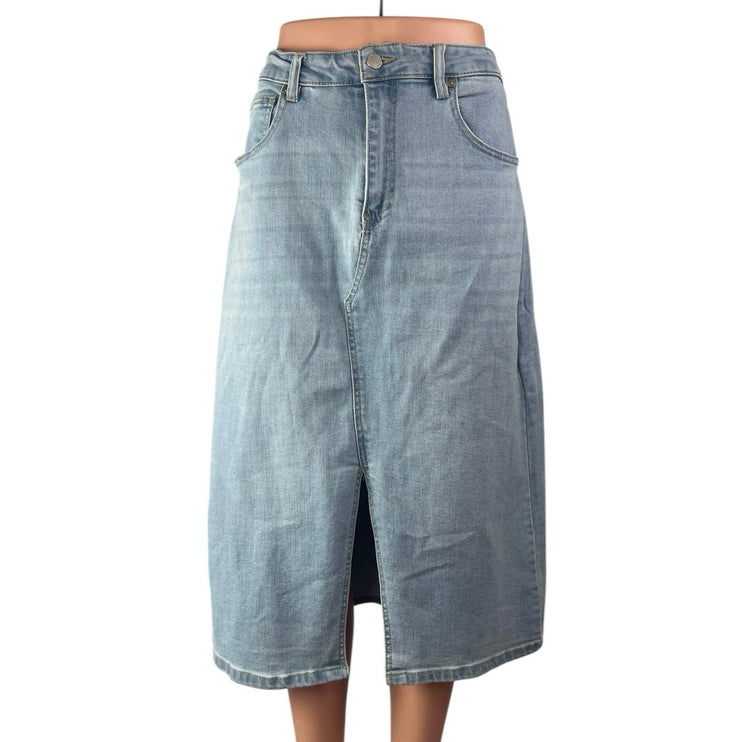 OAT Blue Light Wash High Waisted Split A Line Midi Denim Jean Skirt Size 10/30