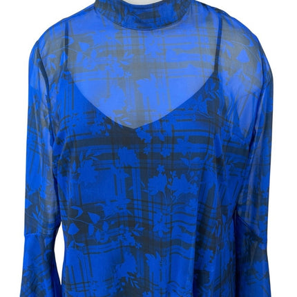 Topshop Blue Checkered Floral Fluted Seamed Asymmetric High Neck Midi Dress 14