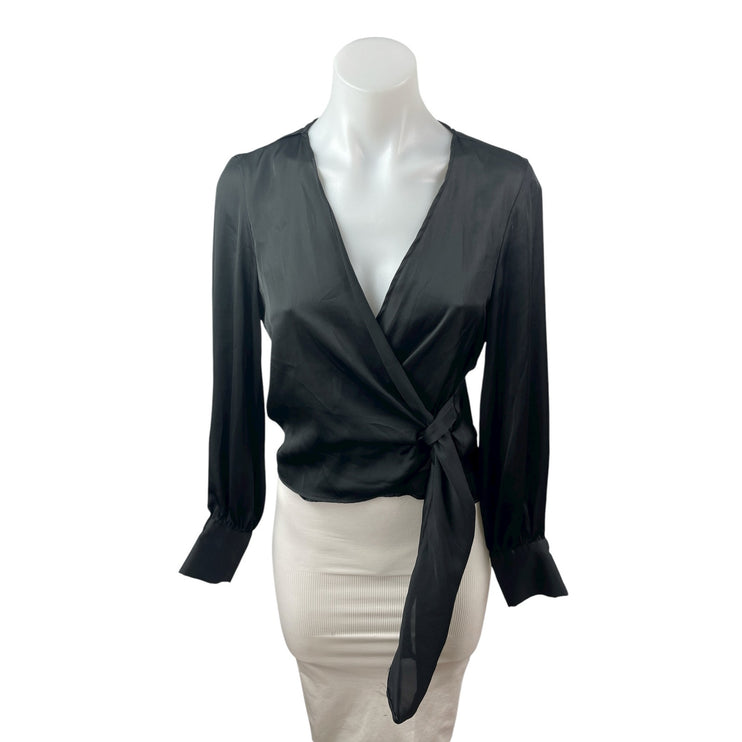 Zara Women's Black Silky Satin Sheer V Neck Long Sleeve Crop Wrap Blouse Top XS