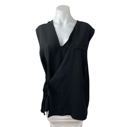 Zara Women's Black Short Cap Sleeve V Neck Tie Wrap Pocket Blouse Top Size L