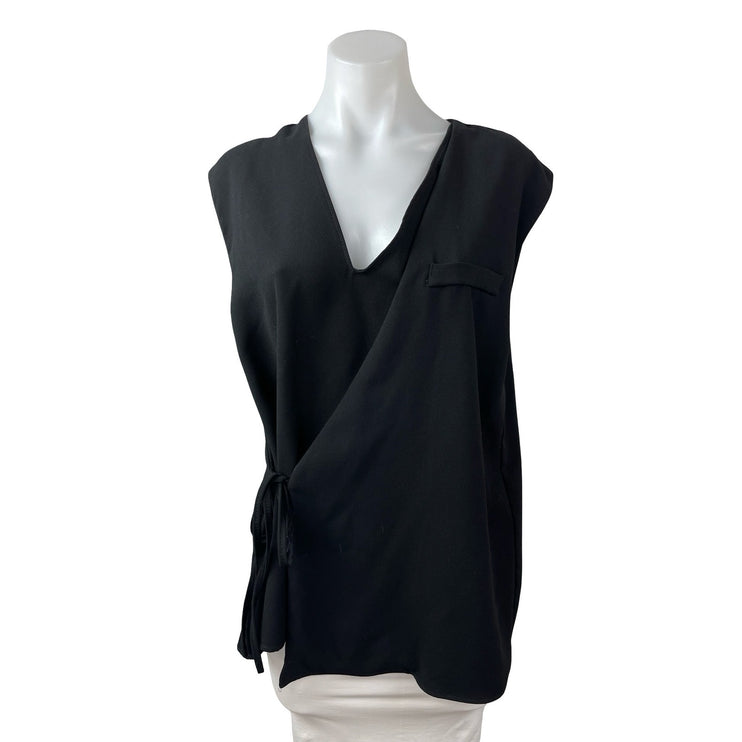 Zara Women's Black Short Cap Sleeve V Neck Tie Wrap Pocket Blouse Top Size L