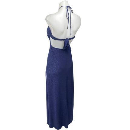 Women's Navy Blue Glitter Sleeveless Halter Cutout Tie Back Midi Dress Size XS