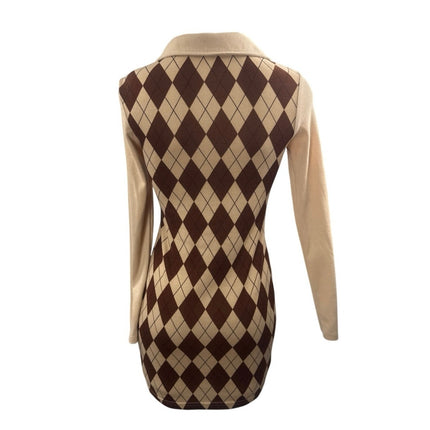 Women's Brown Argyle Collared V Neck Long sleeve Mini Bodycon Sweater Dress Sz S