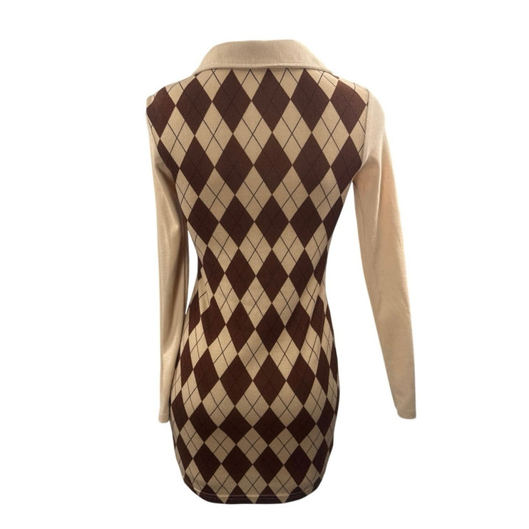 Women's Brown Argyle Collared V Neck Long sleeve Mini Bodycon Sweater Dress Sz S