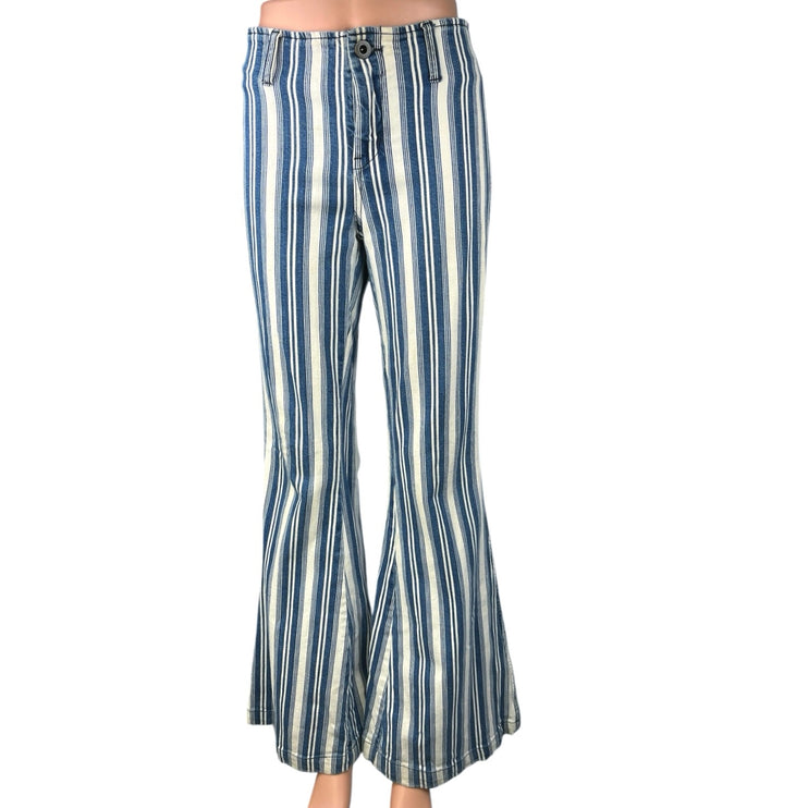 Free People Jolene Blue White Striped Flared Boot Cut Bell Bottom Jeans Pants 29