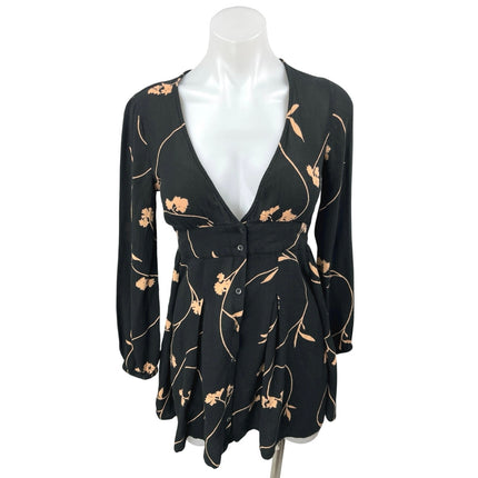 Billabong Black Beige Your Love Floral Long Sleeve Button-Up Skater Mini Dress S