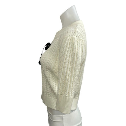 Cider Women's Cream Pointelle Crochet Bow Hald Sleeve Cardigan Sweater Top Sz L