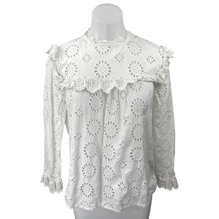 Zara Women's White Embroidered Ruffle Peasant Long Sleeve Blouse Top Size XS
