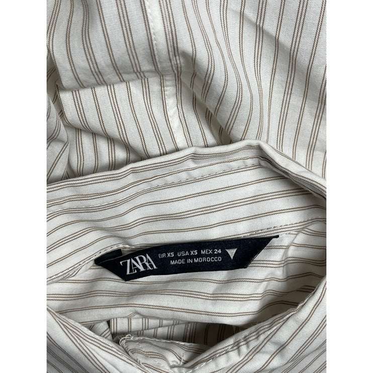 Zara Women's White Beige Striped Short Sleeve Pocket Button Down Shirt Top Sz XS