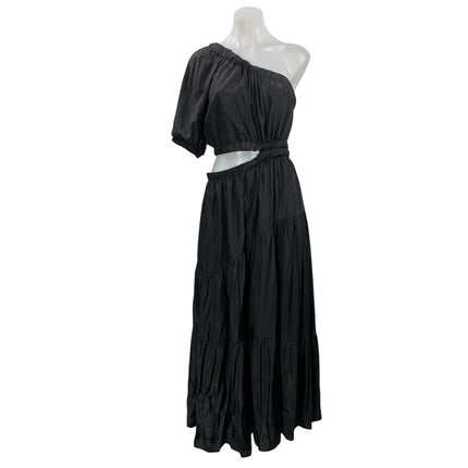 Moon River Black One Shoulder Short Sleeve Cutout Tiered A Line Maxi Dress M