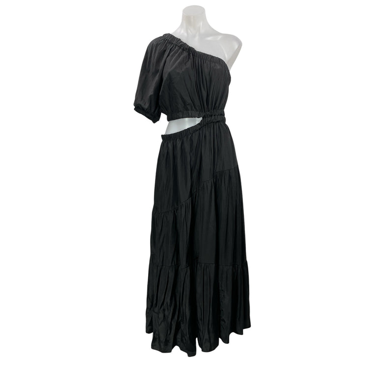 Moon River Black One Shoulder Short Sleeve Cutout Tiered A Line Maxi Dress M