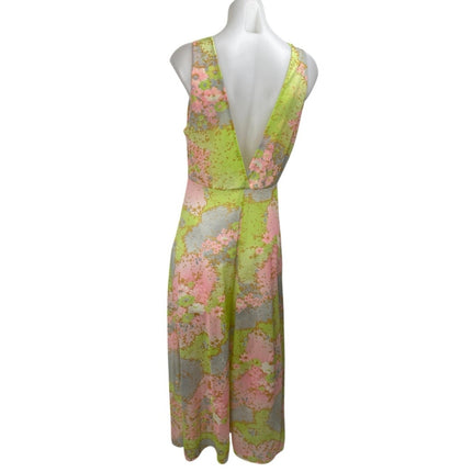 Vintage Val Mode Green Floral Grass Sleeveless Plunging A Line Maxi Dress Sz M