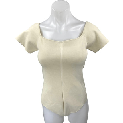 Zara Beige Tan Ribbed Knit Short Sleeve Square Neck T Shirt Bodysuit Top Size L