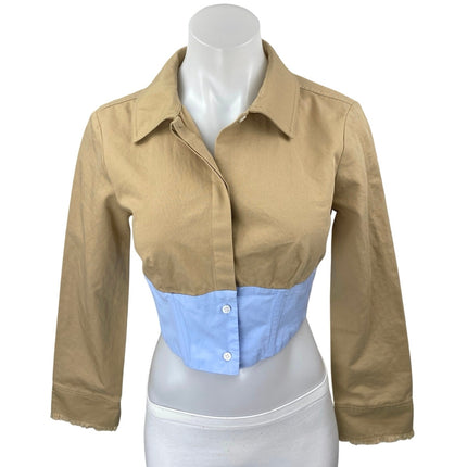 Zara Brown Blue Colorblock Long Sleeve Button Down Crop Shirt Jacket Top Size XS