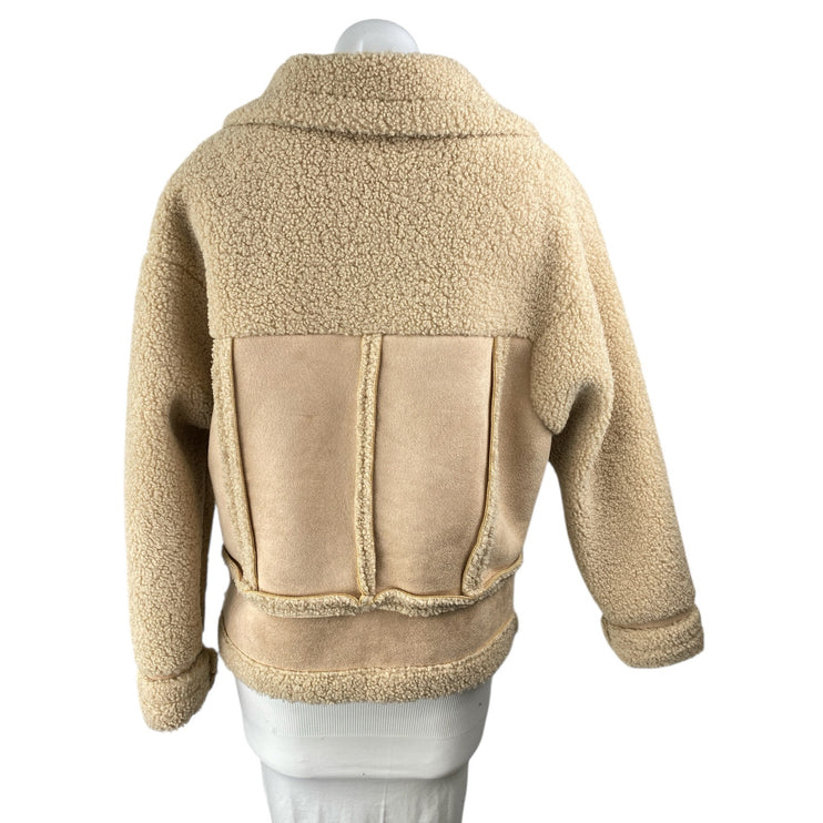 Princess Polly Women's Beige Tan Sherpa Faux Suede Teddy Moto Coat Jacket Size S